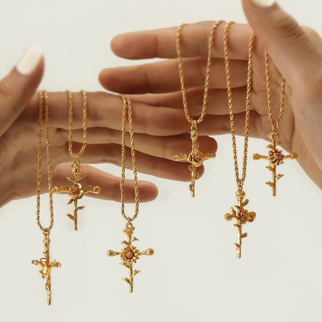 Birth flower cross pendant gold plated copper dainty necklace mother's day gift