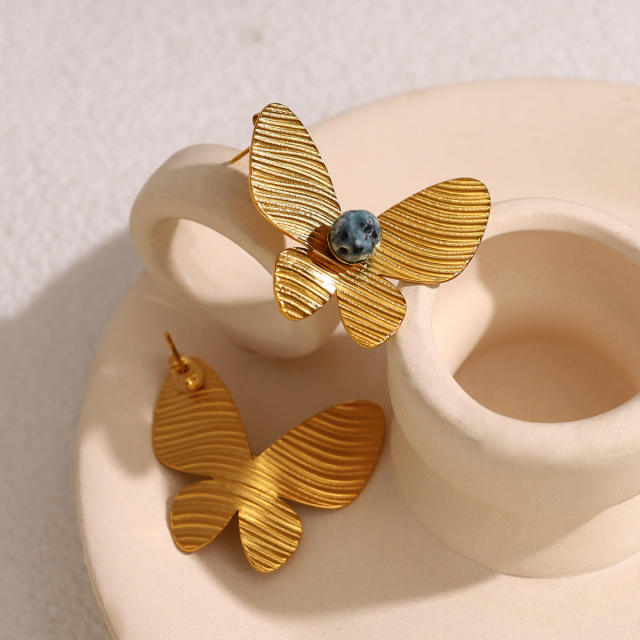 18KG natural stone butterfly stainless steel earrings