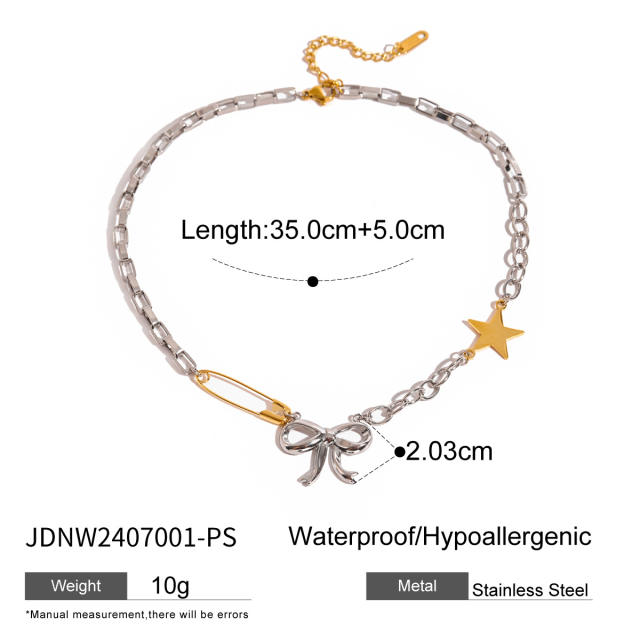Popular mix color bow pendant stainless steel chain necklace