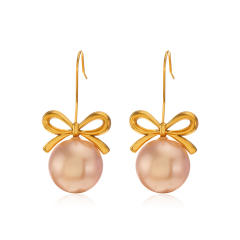 Sweet bow bigger pearl stainless steel earrings