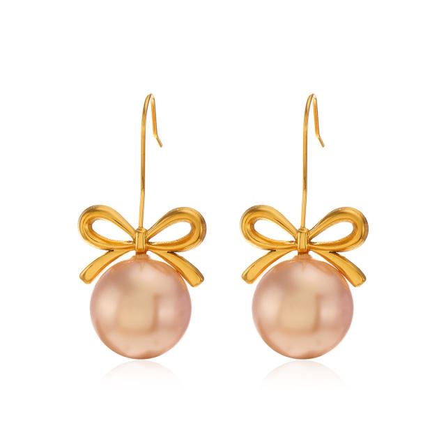 Sweet bow bigger pearl stainless steel earrings