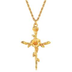 Birth flower cross pendant gold plated copper dainty necklace mother's day gift