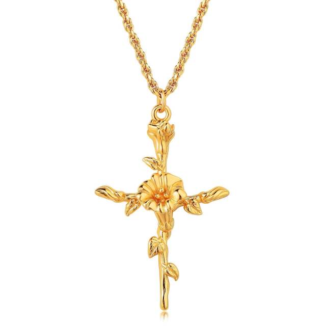 Birth flower cross pendant gold plated copper dainty necklace mother's day gift