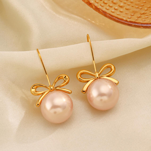 Sweet bow bigger pearl stainless steel earrings
