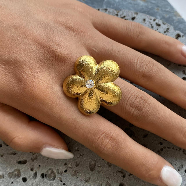 18KG frosted flower petal stainless steel finger rings chunky rings