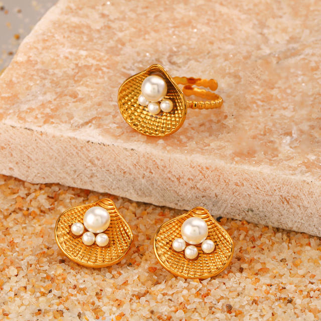 Summer beach holiday theme pearl bead shell stainless steel finger rings earrings set