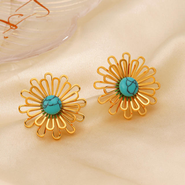 Vintage hollow out flower turquoise stone stainless steel earrings rings set