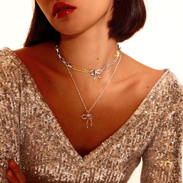 Popular mix color bow pendant stainless steel chain necklace