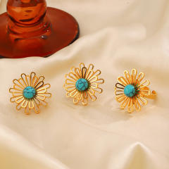 Vintage hollow out flower turquoise stone stainless steel earrings rings set