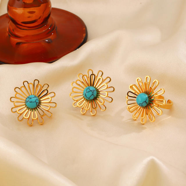 Vintage hollow out flower turquoise stone stainless steel earrings rings set