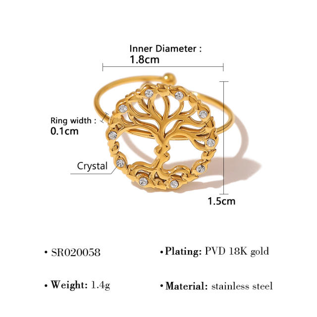 Concise diamond life tree star hollow out stainless steel finger rings