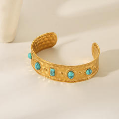 Vintage turquoise stone statement stainless steel cuff bangle