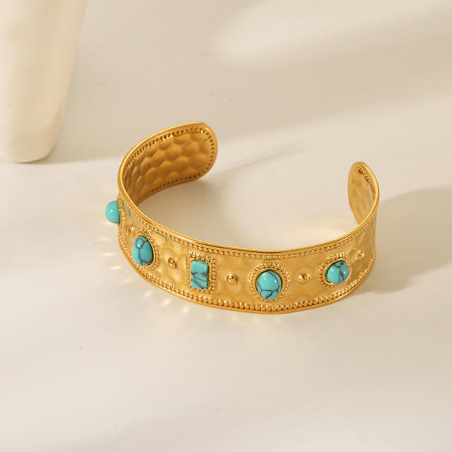 Vintage turquoise stone statement stainless steel cuff bangle