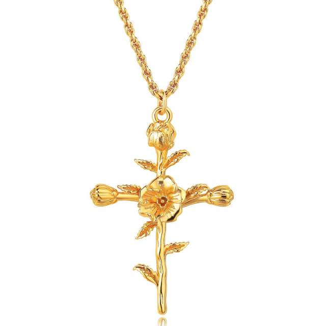 Birth flower cross pendant gold plated copper dainty necklace mother's day gift