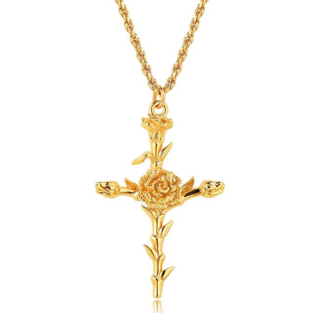 Birth flower cross pendant gold plated copper dainty necklace mother's day gift