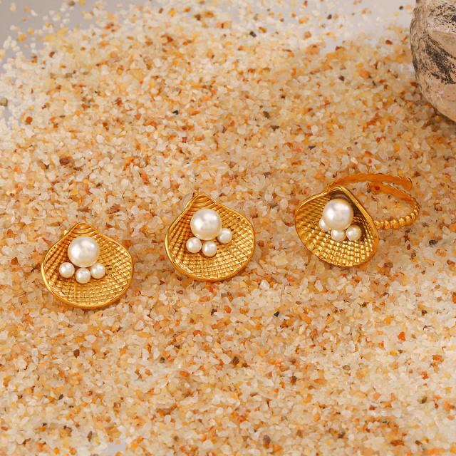 Summer beach holiday theme pearl bead shell stainless steel finger rings earrings set
