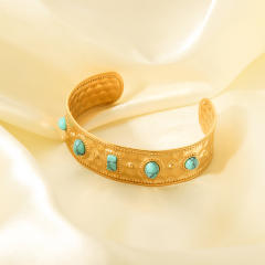 Vintage turquoise stone statement stainless steel cuff bangle