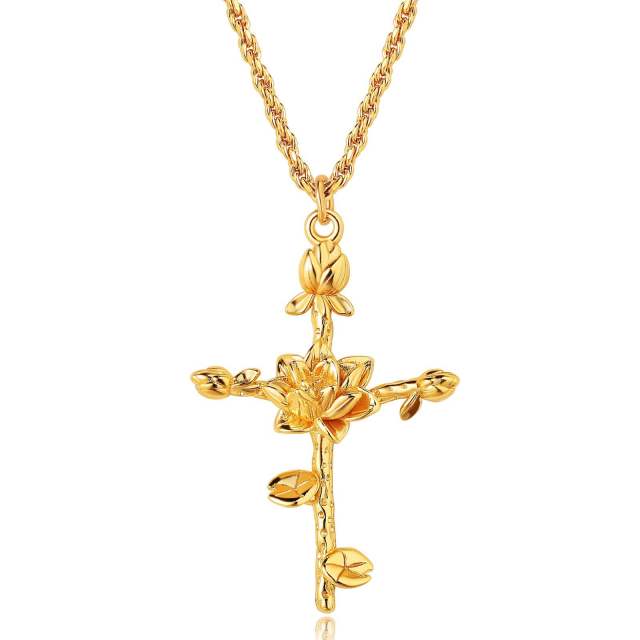 Birth flower cross pendant gold plated copper dainty necklace mother's day gift