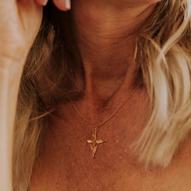 Birth flower cross pendant gold plated copper dainty necklace mother's day gift