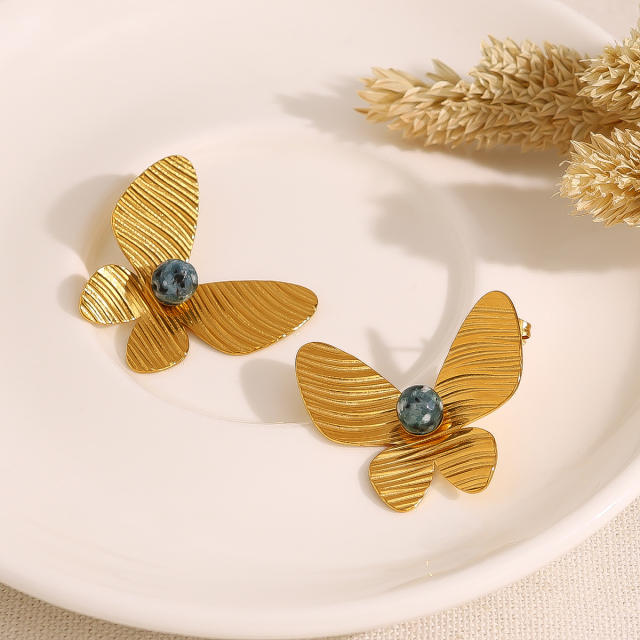 18KG natural stone butterfly stainless steel earrings