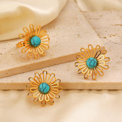 Vintage hollow out flower turquoise stone stainless steel earrings rings set