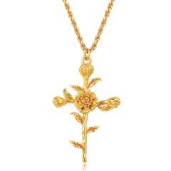Birth flower cross pendant gold plated copper dainty necklace mother's day gift