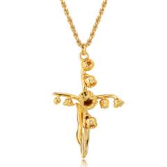 Birth flower cross pendant gold plated copper dainty necklace mother's day gift