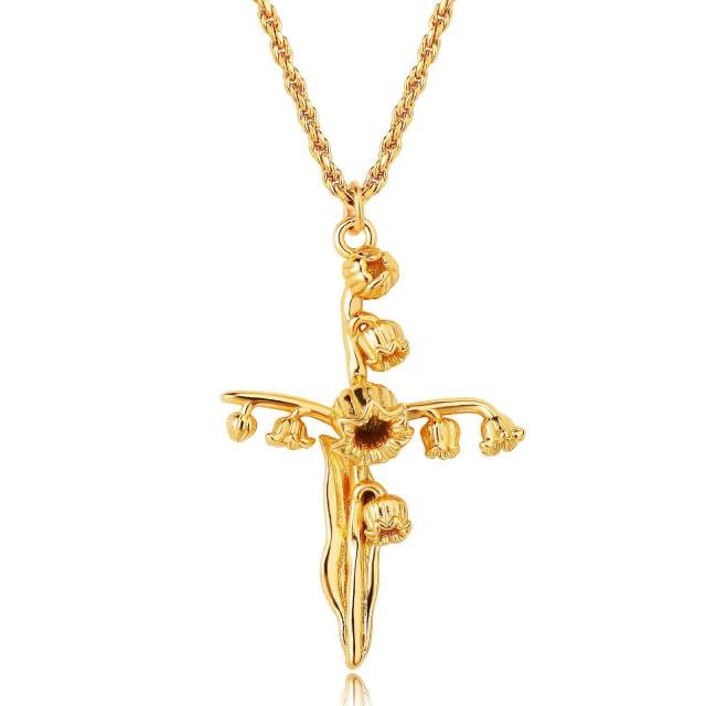 Birth flower cross pendant gold plated copper dainty necklace mother's day gift