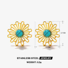 Vintage hollow out flower turquoise stone stainless steel earrings rings set