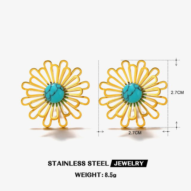 Vintage hollow out flower turquoise stone stainless steel earrings rings set