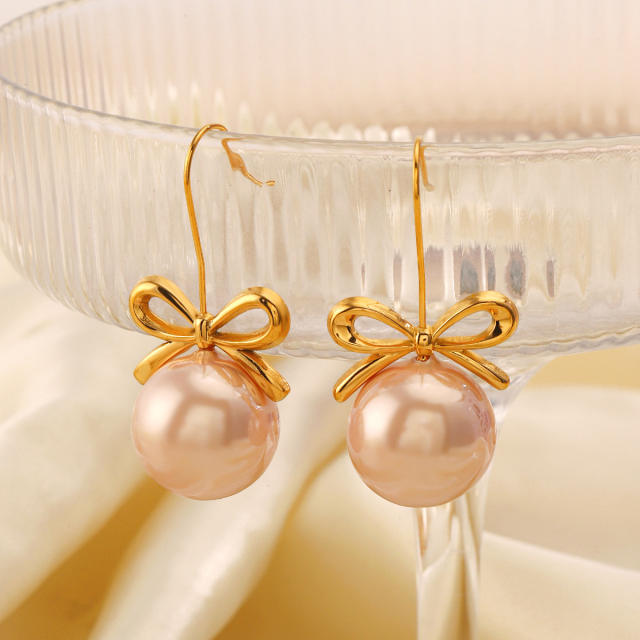 Sweet bow bigger pearl stainless steel earrings