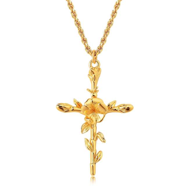Birth flower cross pendant gold plated copper dainty necklace mother's day gift