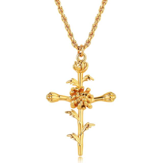 Birth flower cross pendant gold plated copper dainty necklace mother's day gift