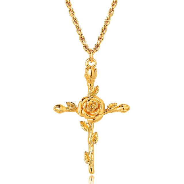Birth flower cross pendant gold plated copper dainty necklace mother's day gift