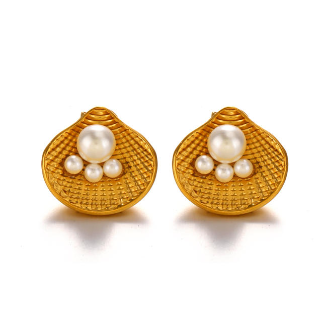 Summer beach holiday theme pearl bead shell stainless steel finger rings earrings set