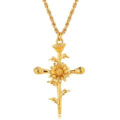 Birth flower cross pendant gold plated copper dainty necklace mother's day gift