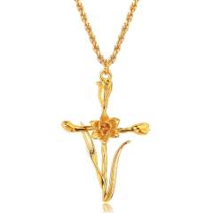Birth flower cross pendant gold plated copper dainty necklace mother's day gift