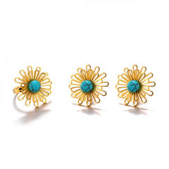 Vintage hollow out flower turquoise stone stainless steel earrings rings set