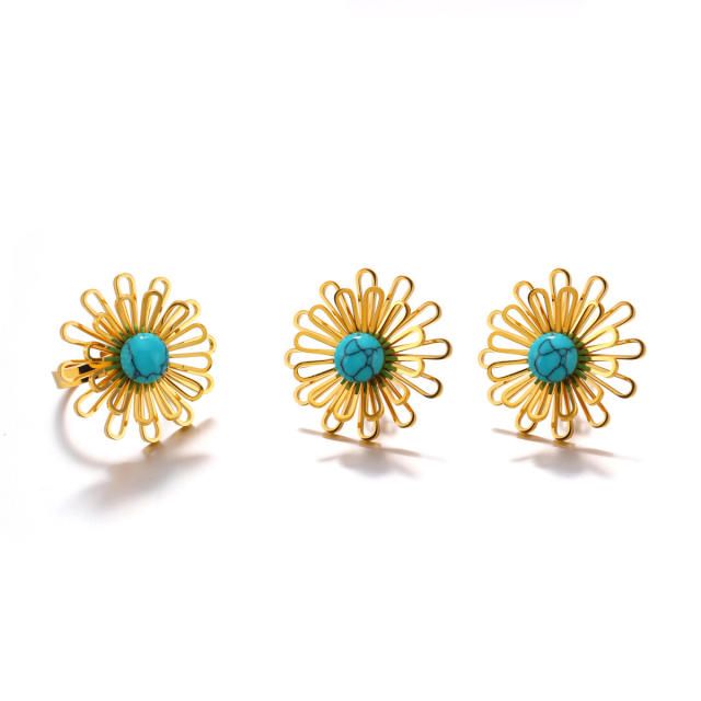Vintage hollow out flower turquoise stone stainless steel earrings rings set
