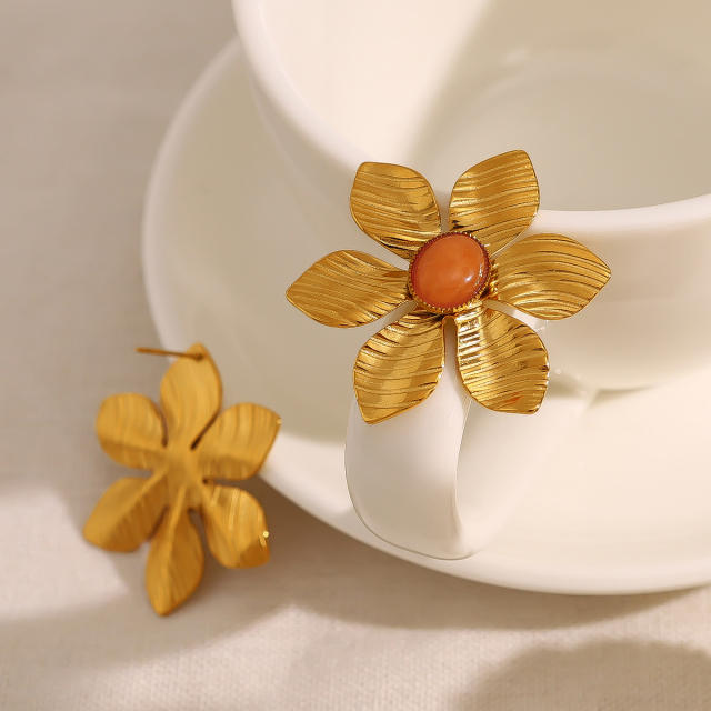 French trend natural stone flower stainless steel earrings