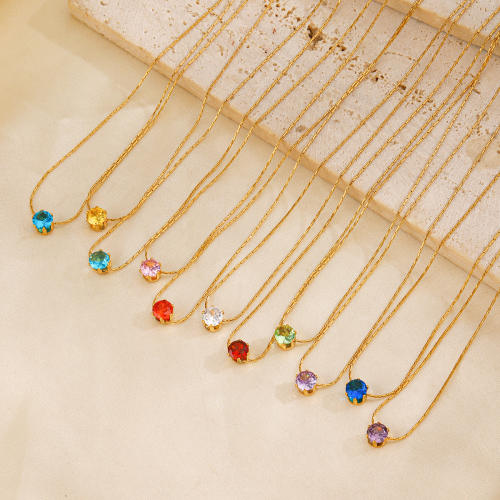 Dainty birthstone stainless steel bezel necklace