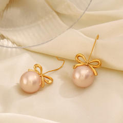 Sweet bow bigger pearl stainless steel earrings