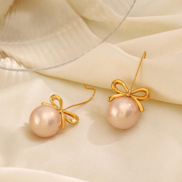 Sweet bow bigger pearl stainless steel earrings