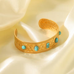 Vintage turquoise stone statement stainless steel cuff bangle