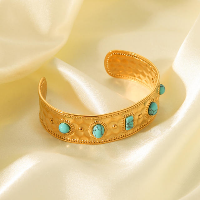 Vintage turquoise stone statement stainless steel cuff bangle