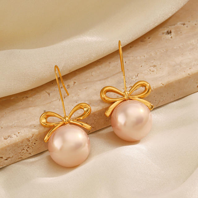 Sweet bow bigger pearl stainless steel earrings