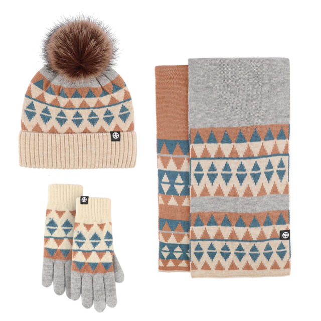Winter design unique knitted warm beanie cap gloove Scarf set