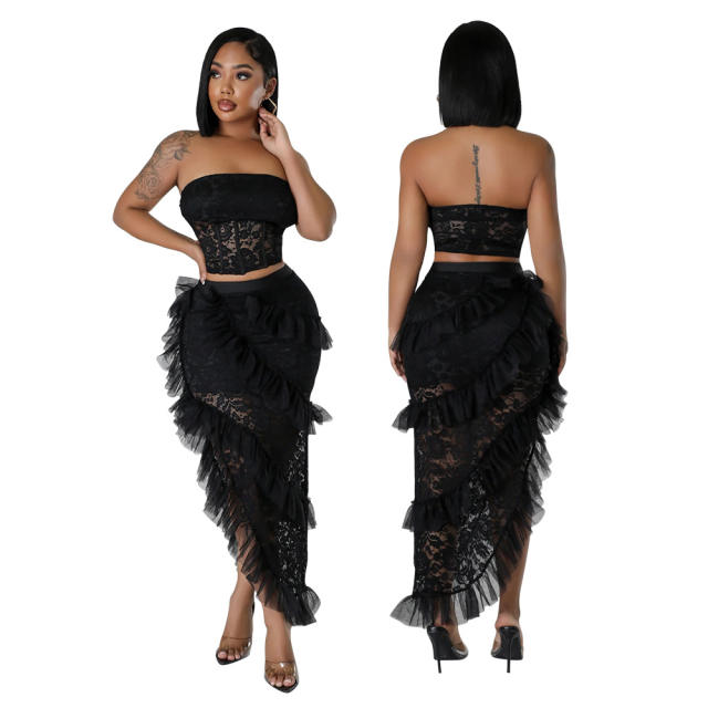 Black white sexy lace off shoulder tops skirt set for women wedding party dress