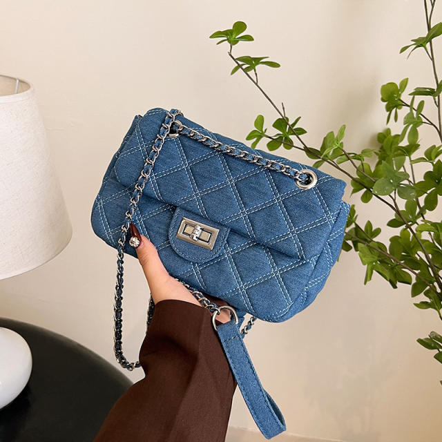 Concise quilted pattern denim chain bag purse for women