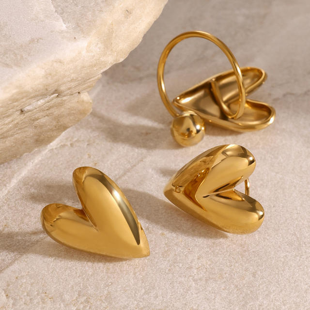 Classic chunky heart stainless steel earrings rings set